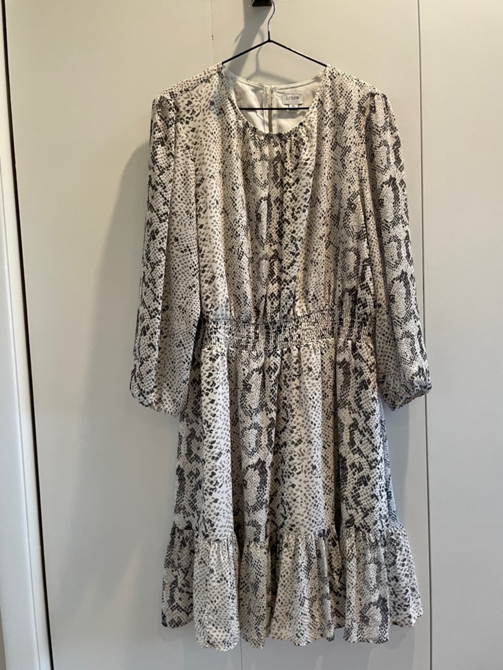 J. Crew Snake-Print Tiered Midi Dress in White and Gray